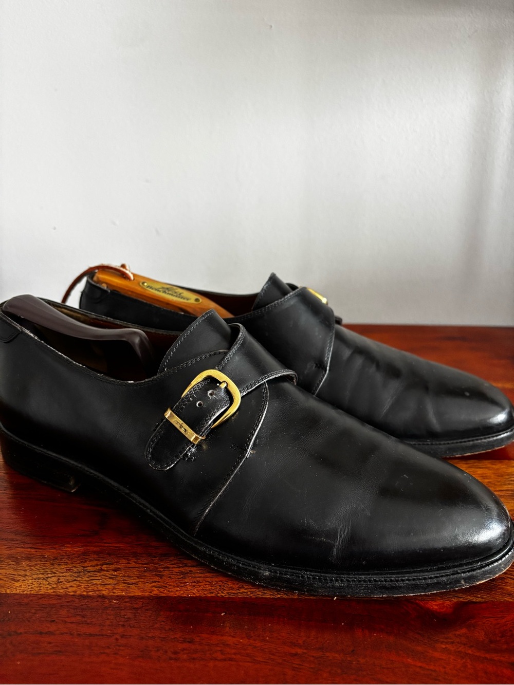 Salvatore Ferragamo Black Leather Monk Strap Shoes with Gold Buckle